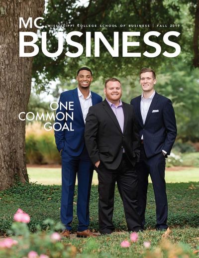 Cover of MC School of Business magazine, Fall 2019 featuring a photo of Bobby Guillory, Kimarrion Whitfield, and Caleb Miskelly