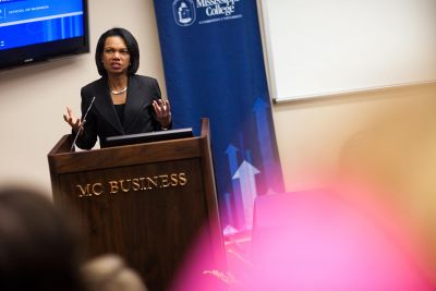 Secretary of State Condoleezza Rice speaking at MC School of Business